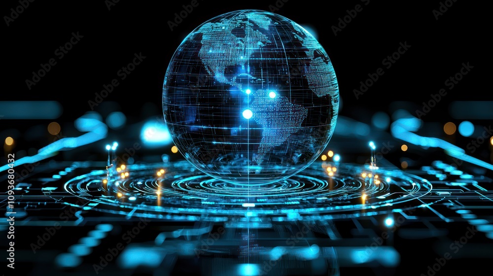 Poster a holographic earth globe floating above a futuristic circuit board