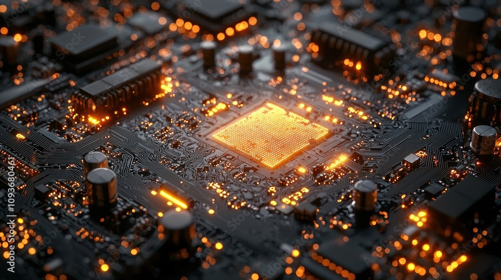 Poster glowing processor chip on circuit board