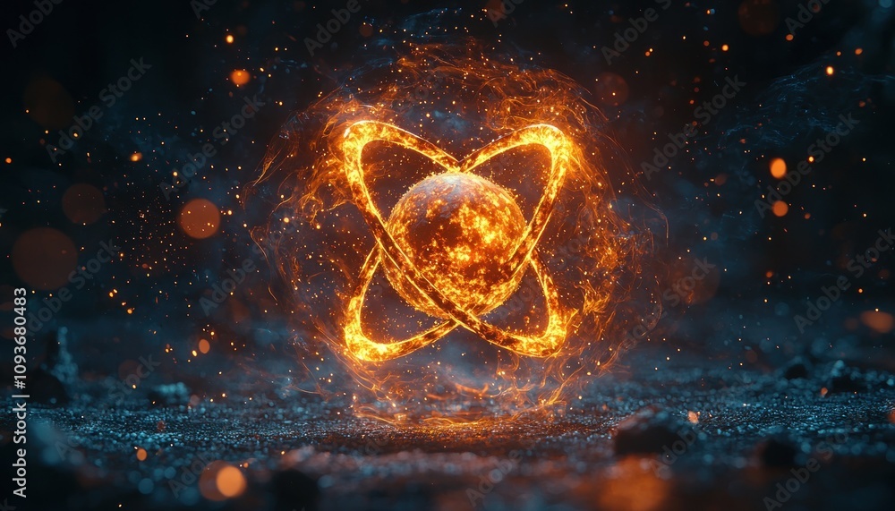 Poster fiery atomic sphere with glowing particles