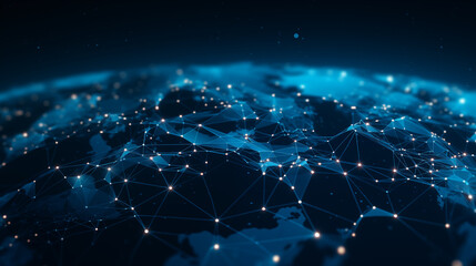 Global Network Connectivity Illustration with Blue Geometric Nodes and Light Connections