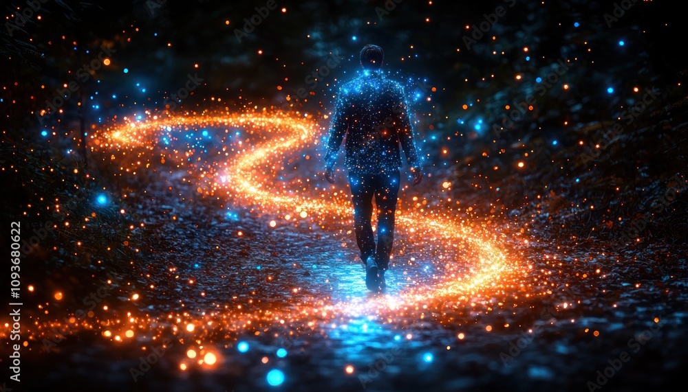 Poster a person walking through a path of glowing lights in a forest