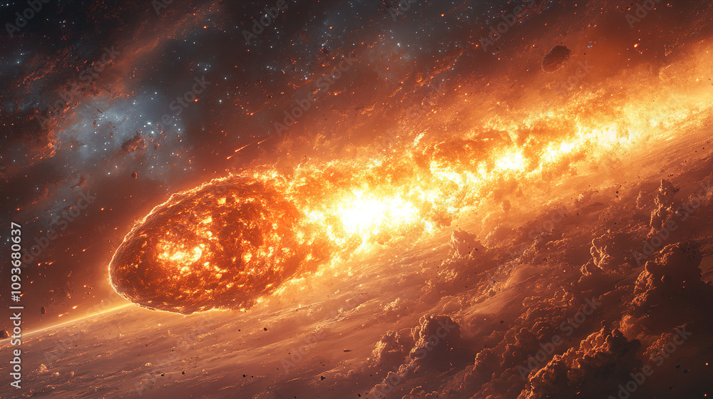Aufkleber bright celestial event with a fiery asteroid approaching a planet in deep space. generative ai