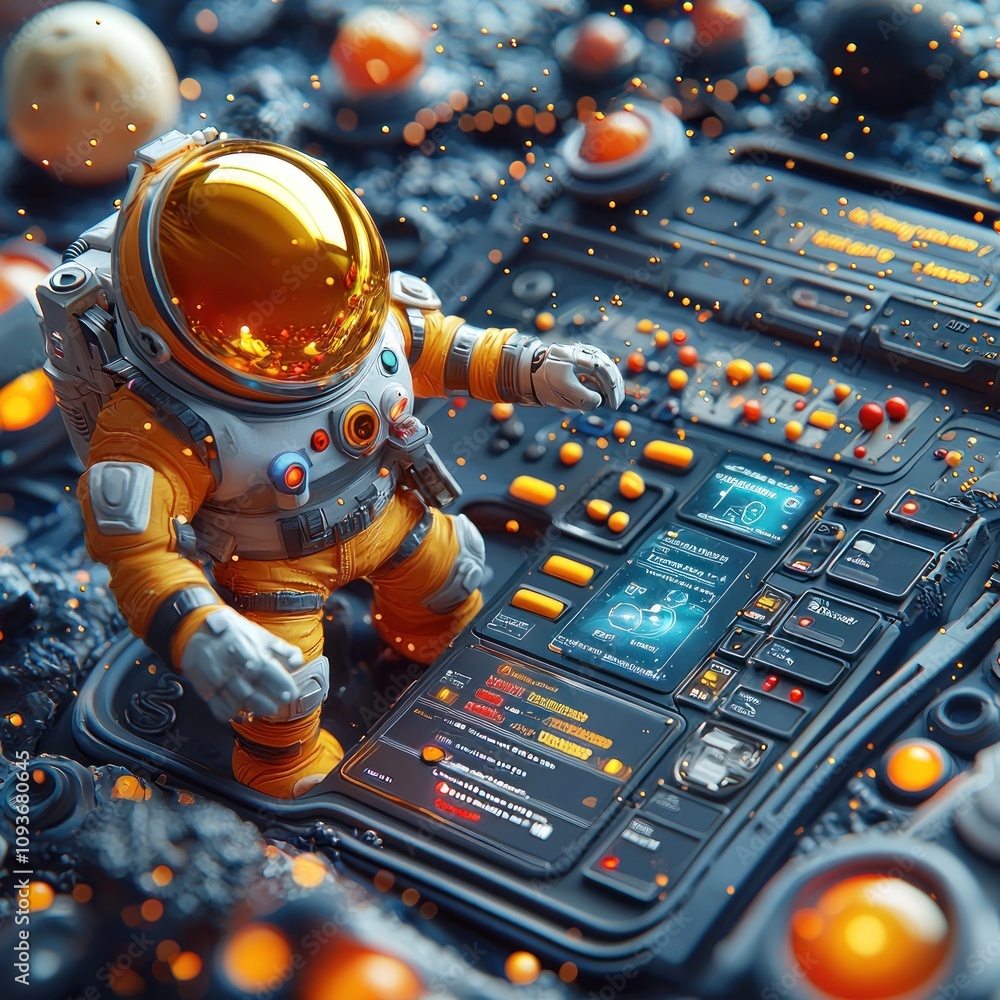 Aufkleber Astronaut in Spacesuit Interacting with Futuristic Control Panel