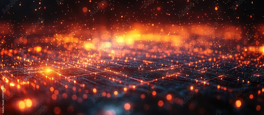Aufkleber abstract dark background with glowing orange lights and a network of lines