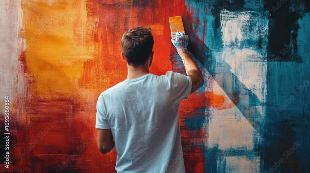 Poster abstract painting in progress: a man's back view creating vivid colors