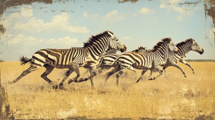 Fototapeta premium Vintage Zebras in the African Savanna: A Stunning Display of Wild Equine Grace