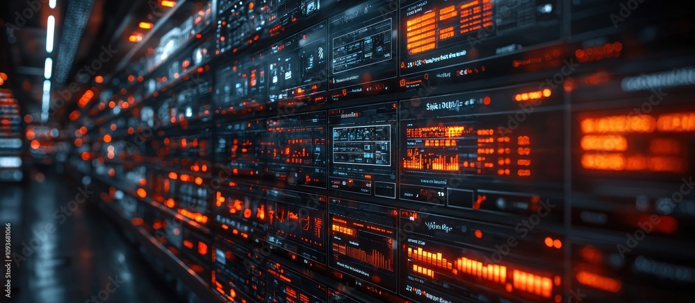 Poster futuristic server room with red and blue glowing interfaces