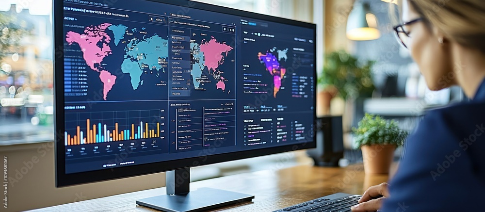Poster businesswoman analyzing global data on computer monitor