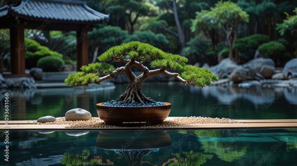 Poster here's a description and keywords for your stock photo.. tranquil bonsai tree in serene garden setti