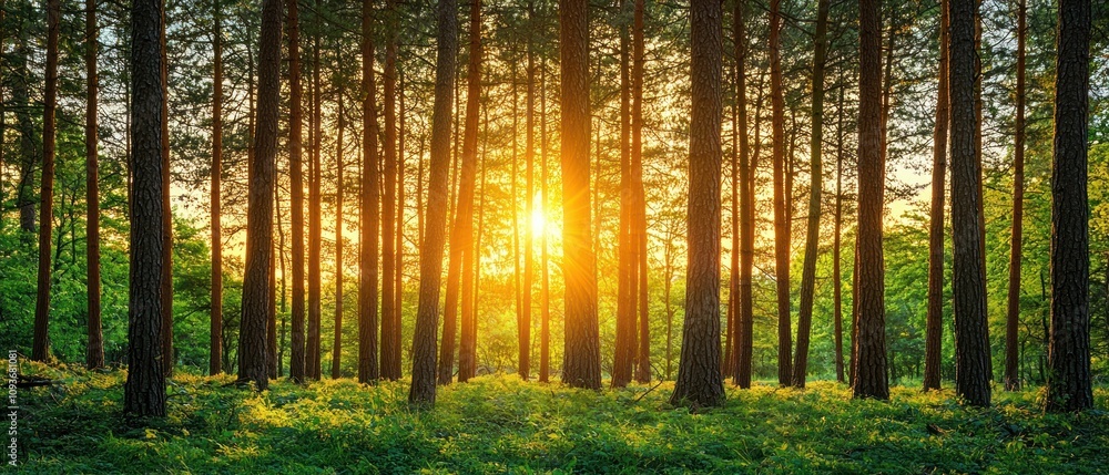 Poster Sunbeams filtering through a dense forest of tall pine trees.