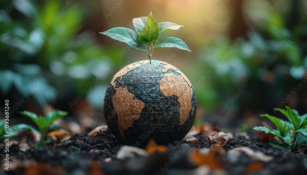 Aufkleber a tiny sprout emerging from a globe surrounded by nature