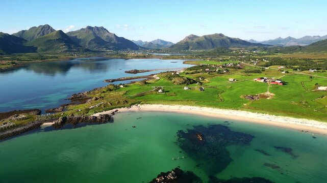 Aerial landscape of Northern Norway by drone in Bo municipality, Norland, Norway. Beautiful scenery of Northern Scandinavia in Norway.