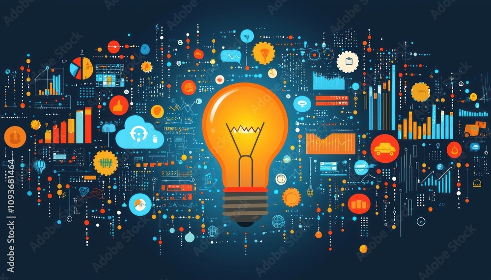 Poster A lightbulb surrounded by colorful data icons