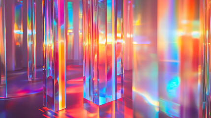 A kinetic light installation with spinning prisms casting rainbow reflections.