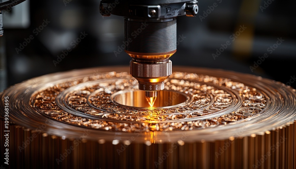 Poster Close-up of a CNC Machine Engraving a Metal Disk with Intricate Patterns