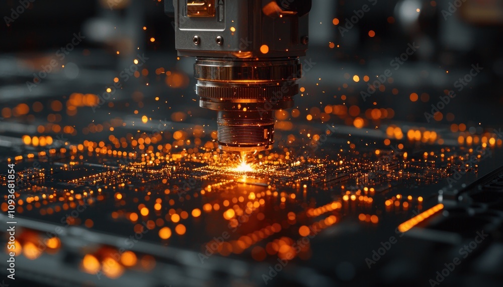 Poster close-up of a cnc machine cutting metal with sparks flying