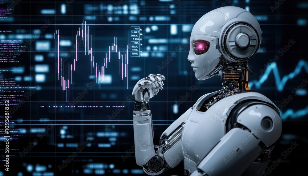 Poster a futuristic robot analyzes data on a digital screen