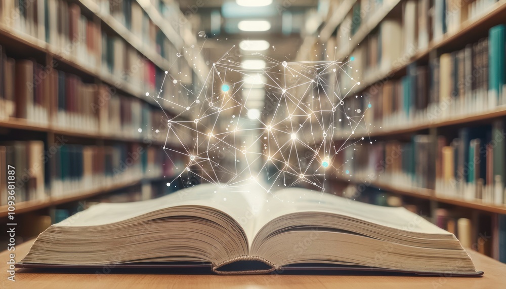 Poster Open Book with Abstract Network and Blurred Bookshelves in the Background