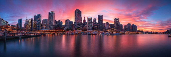 Stunning panoramic view of a modern city skyline with a breathtaking sunrise or sunset.