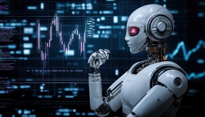 A Futuristic Robot Analyzes Data on a Digital Screen