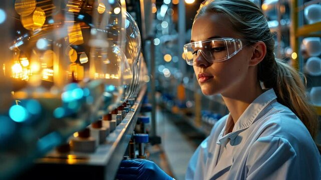 A focused female scientist in safety glasses examines intricate glassware, illuminated by a warm golden light that reflects the precision of her laboratory environment.