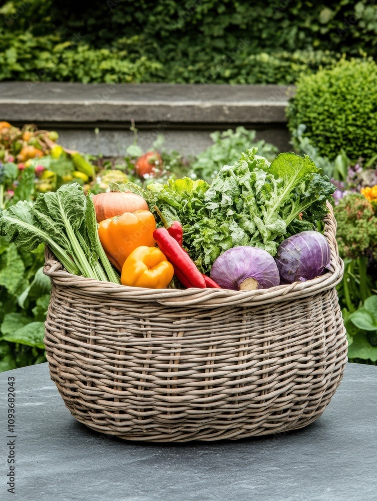 Poster a wicker basket brimming with fresh vegetables sits on a stone table, surrounded by a lush garden fi