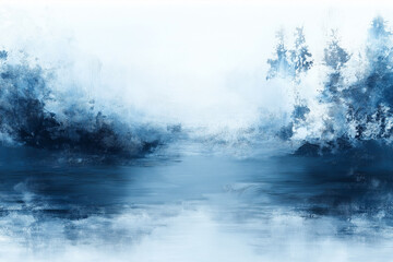 Obraz premium A painting of a body of water with trees in the background