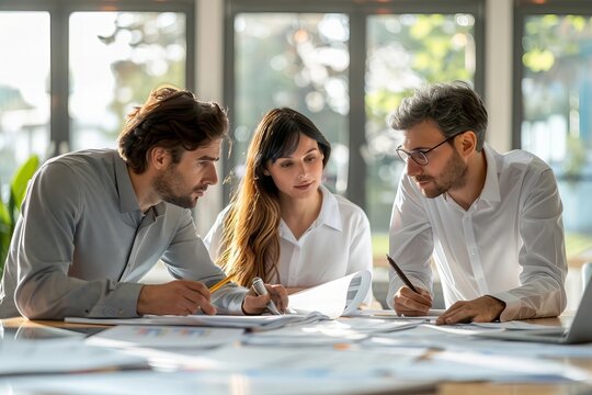 Male and female architects with eyeglasses, smiling and examining blueprints on table.
