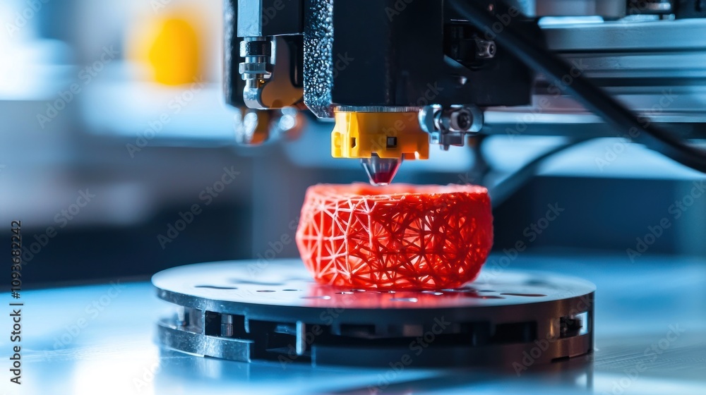 Poster 3D Printer Creating a Red Geometric Object