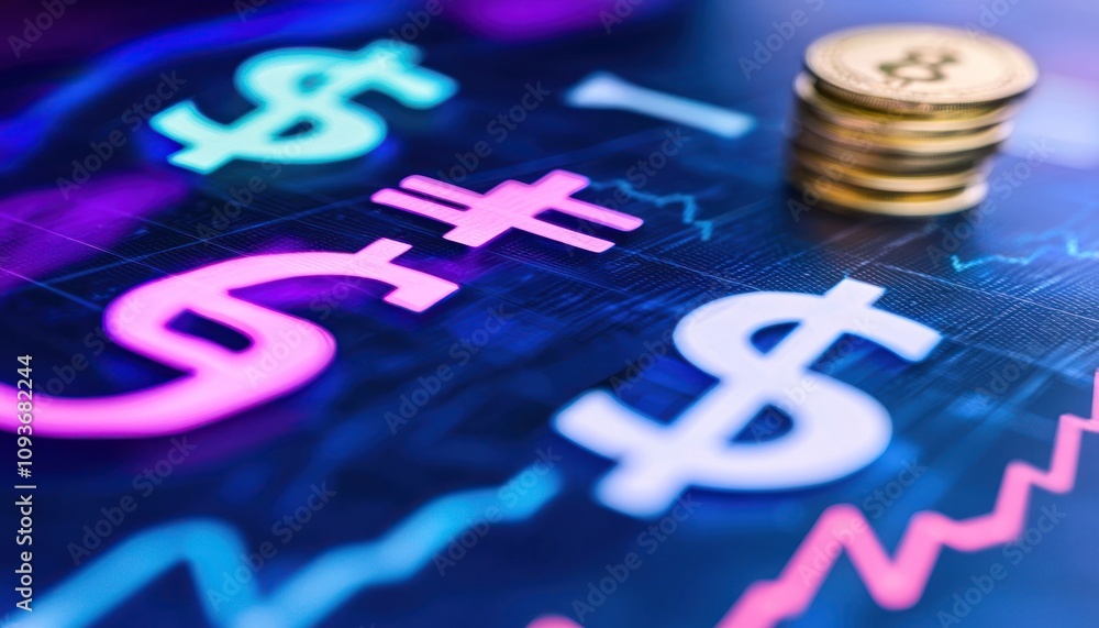 Poster neon dollar signs on blue background with stack of coins and graph