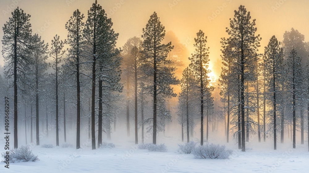 Poster sunbeams breaking through fog in a snowy pine forest