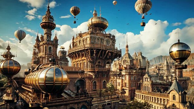 Steampunk city with intricate architecture. Fantastic steampunk cityscape with unique architecture.