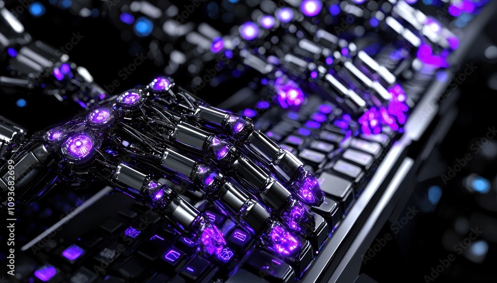Poster metallic robotic hands typing on a keyboard with glowing purple lights