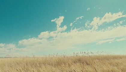 Obraz premium Golden Grass Field Under A Blue Sky With White Clouds