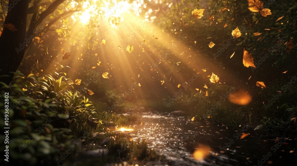 Poster sunlit stream with falling autumn leaves in a forest