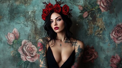 Woman with rose crown and tattoos.