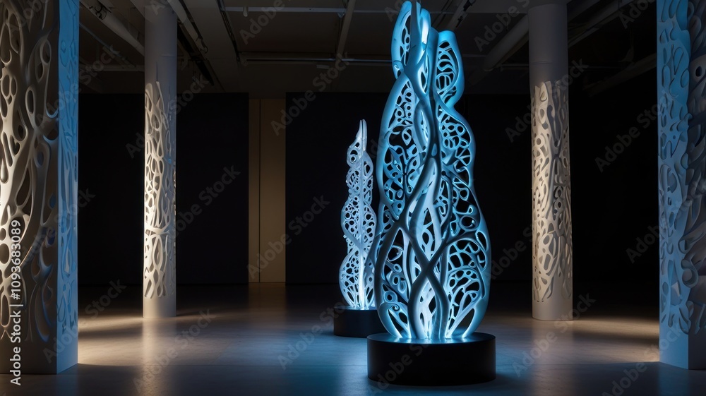 Poster here's a possible and keyword list for your image.. illuminated 3d-printed sculptures in modern gall