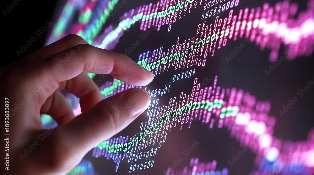 Poster A Hand Interacting with Colorful Digital Data Displayed on a Screen