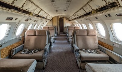 An empty aircraft cabin and carpet floors, without seats