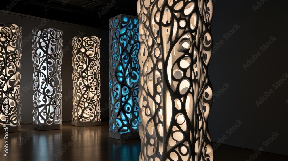 Poster illuminated white sculptural columns with intricate organic patterns, showcasing light and shadow in