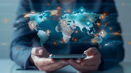 Illustration of Global Roaming Data Charges with Mobile Phone, Currency Symbols and World Map