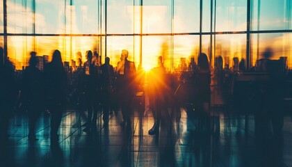 Silhouettes of People Reflected in a Glass Building at Sunset