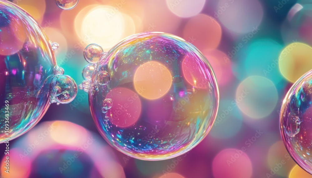 Aufkleber Close-up of iridescent soap bubbles with blurred colorful bokeh background