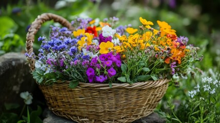 Obraz premium Colorful Flowers in a Wicker Basket