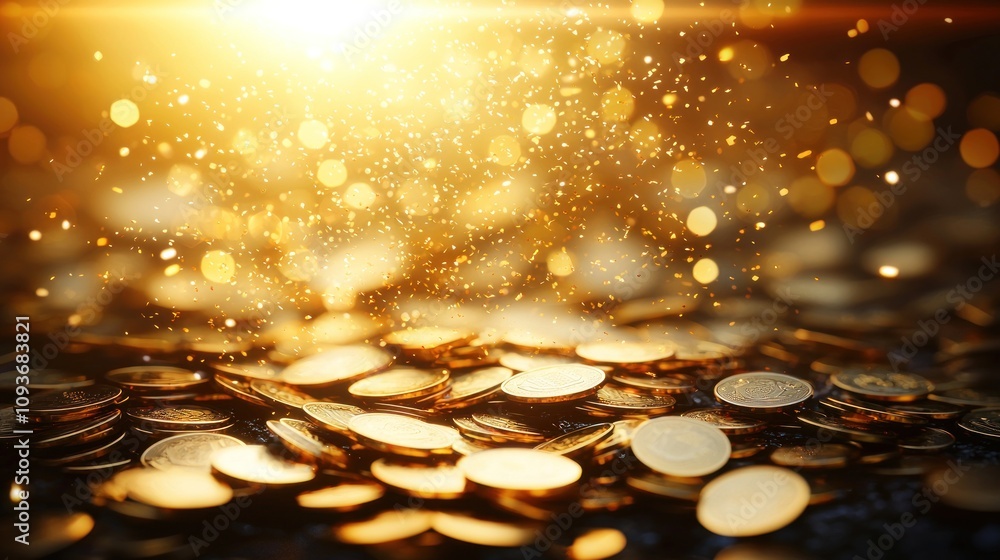 Poster golden coins with sparkling confetti and bokeh lights