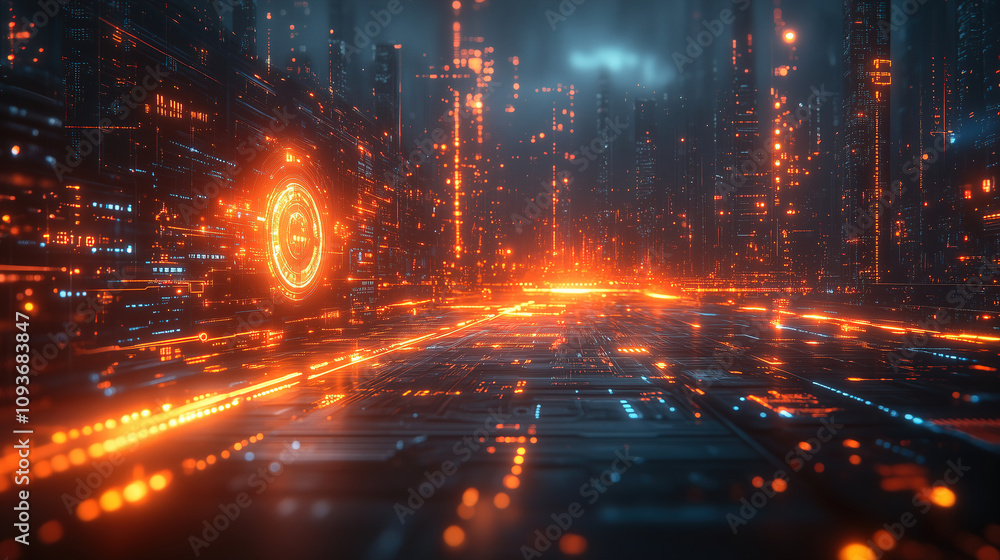 Poster futuristic cityscape with bright neon lights and intricate patterns at twilight. generative ai