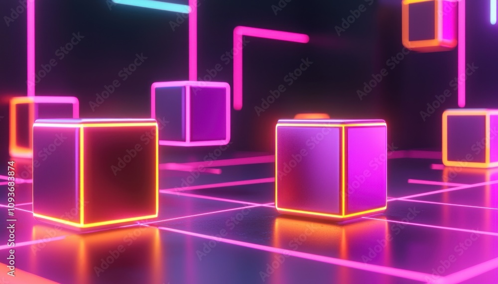 Poster neon glowing cubes and lines on a reflective surface