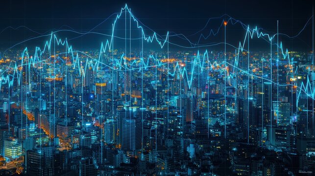 A Cityscape with Overlaid Blue Stock Market Data at Night