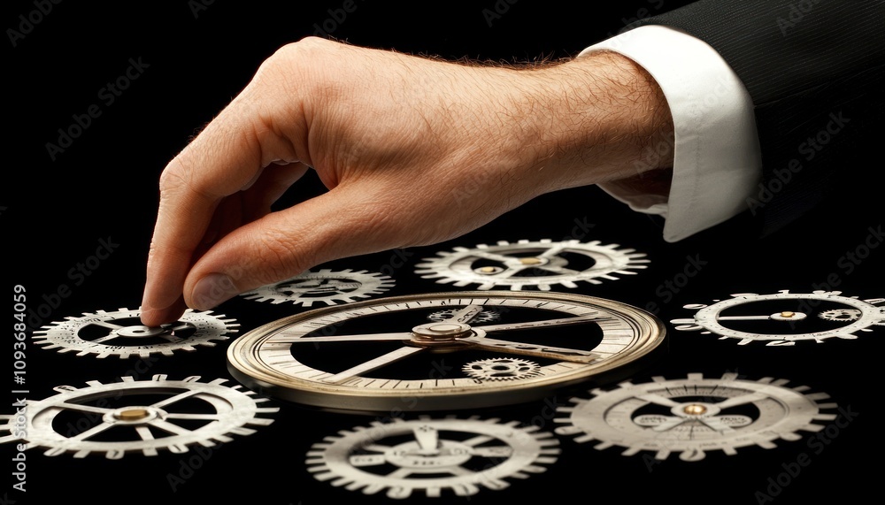 Poster hand interacting with clockwork gears