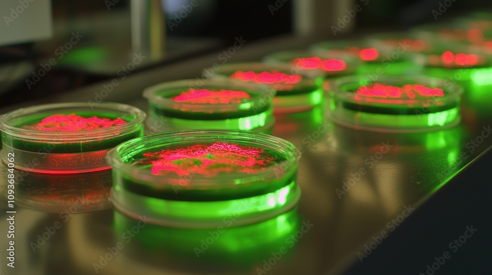 Poster Closeup of Multiple Petri Dishes with Red and Green Contents in a Laboratory Setting